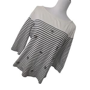 TALBOTS! CREAM W/BLACK STRIPES KNIT TOP DETAILED W/RHINESTONE FLOWERS! SZ XLP